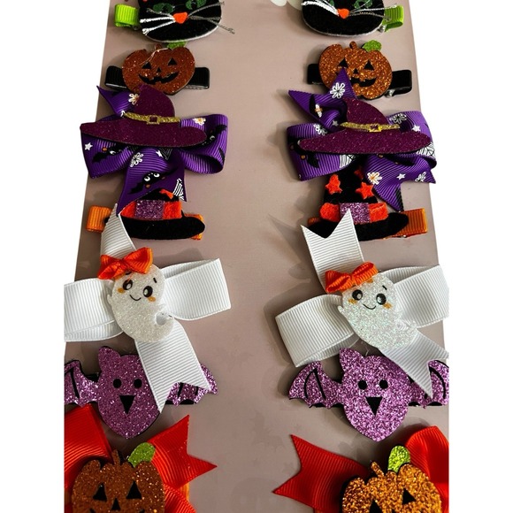 Halloween Hair Bows 14-Pack Girls Clips Bats Ghosts Pumpkins Cats Witches Cute!! - Picture 3 of 5